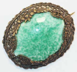 Antique Victorian Floral Filigree Brass Overlay Oval Peking Glass Brooch Pin