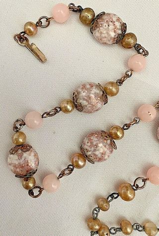 Vintage Signed Barclay Pink Murano Glass Gold Foil Filigree Cap Beaded Necklace