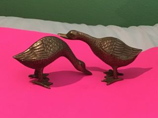 Pair Vintage Solid Brass Swans Geese Mid Century Figurines Sculptures Figures