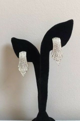 Gorgeous Vintage Carolee Earrings Clip Pave Crystal Rhinestones Silver Tone