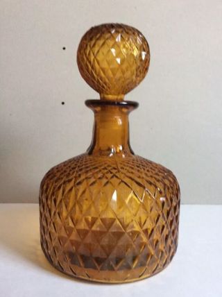 Vintage Amber Glass Wine Decanter Bottle Lidded With Diamond Cut - Out