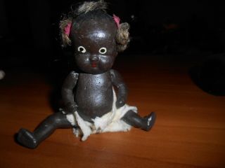 Antique Black Americana Japan Bisque Jointed Porcelain 4 " Baby Girl Doll W/ Hair