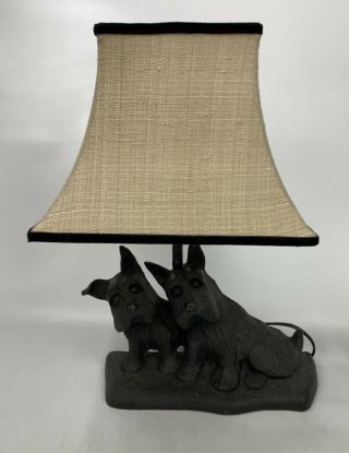 Vintage Cast Iron Double Scotty Dog Scottish Terrier Lamp W/ Shade 13.  25 "