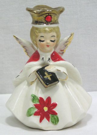 Vtg Josef Originals Christmas Angel Candle Holder W Bible And Crown Poinsettia