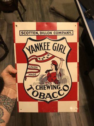 Vintage Yankee Girl Chewing Tobacco Embossed Tin Sign Scotten Dillon Company