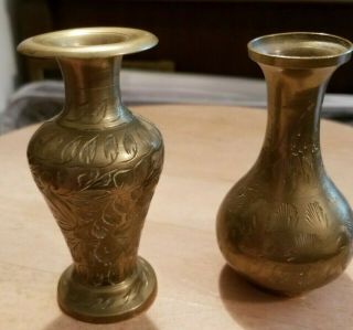 2 Vintage Small Brass Vases Etched Designs About 4 " Tall