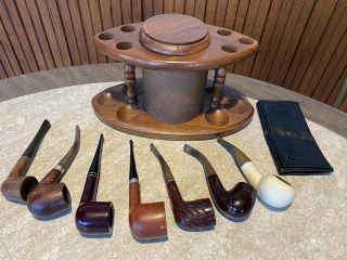 Vintage Estate Pipe Stand With Humidor & 7 Tobacco Pipes & Tobacco Pouch
