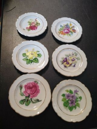 6 Vtg 3.  25 " D Porcelain Butter Pat Plates W/ Asst Flowers / Gold Trim Japan