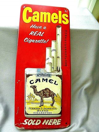 Vintage Camel Cigarettes Embossed Metal Advertising Thermometer Sign 13.  5 " Tall