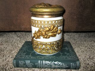 Art Nouveau Brass? Gilt Milk Glass Tobacco Jar Ornate Humidor Victorian Cigar