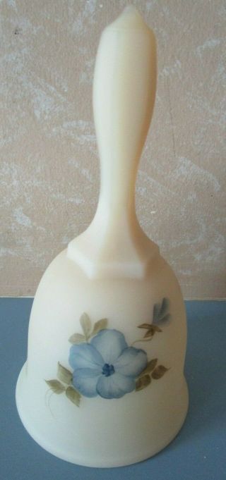 Vintage Hand Painted Fenton Satin Custard Blue Flowers 6” Bell Signed W/sticker