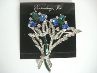 Vintage Eisenberg Ice Green,  Blue,  And Clear Rhinestone Lily Brooch On Card