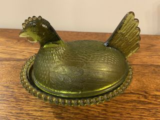 Vintage Green Indiana Glass Hen On A Nest Covered Dish Chicken Candy Dish