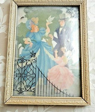 Vintage Reverse Painting Curved Glass Picture,  Victorian Family,  Plastic Frame