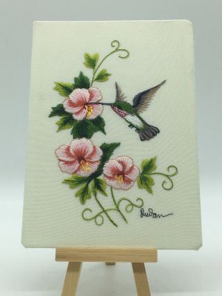 Vtg Hand Embroidered Hummingbird Picture Board Signed Fine Needlework 5” X 7”