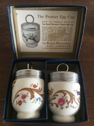 2 Vintage Royal Worcester England Porcelain Egg Coddler Cup Floral,  Box