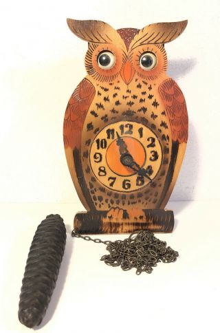 Vintage Bachmaier & Klemmer Moving Eyes Owl Cuckoo Clock Germany Animated