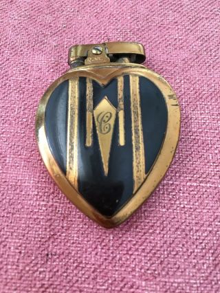 Vintage Ronson Rondette Lighter C Mono Art Deco Heart Black Enamel Unlit