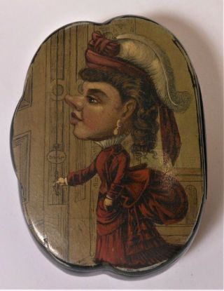 Choice Antique Lacquer Snuff With Picture Of A Comical Lady On Top
