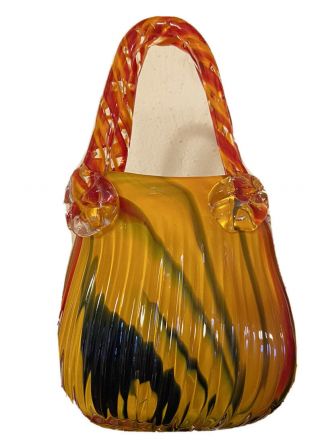 Vintage Hand Blown Glass Vase Purse Handbag Murano Style Orange,  Yellow & Black