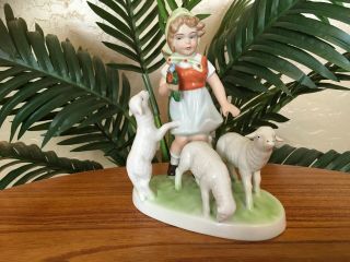 Rare Vintage Gerold Porzellan Bavaria Girl With Lambs Porcelain Figurine