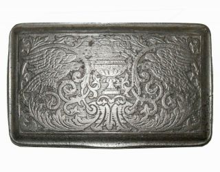 18th C Antique English Hinged Pewter Snuff Box,  W/eagles/roses & Classical Urn