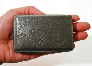 18TH C ANTIQUE ENGLISH HINGED PEWTER SNUFF BOX,  W/EAGLES/ROSES & CLASSICAL URN 2