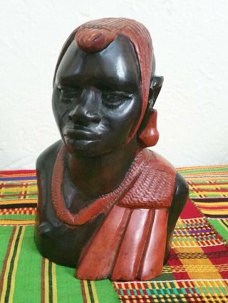 Vintage Hand Carved Ebony Wood African Tribal Female Bust.  7” Tall.