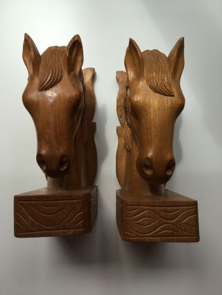 Vintage Handcarved Wooden Horse Head Bookends 8 Inches Tall