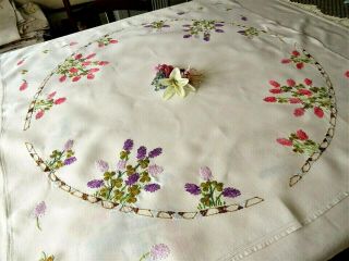 Vintage Hand Embroidered Tablecloth - Circle Of Pink & Lilac Flowers