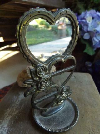 Sweet Vintage Shabby Silverplate Earring Holder W/ Mirror Hearts & Roses Design
