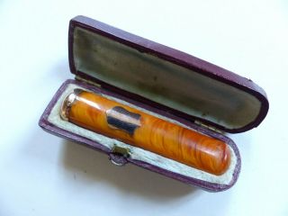 Antique French Marbled Amber & 18k Gold Cigarette Holder W.  Case