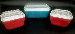 Vintage Pyrex 501 Red 502 Blue Refrigerator Dishes Glass Lids Dis Casserole Oven
