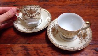 Pair Vintage Meito China Japan Hand Painted Gold White Cream Demitasse Tea Cups