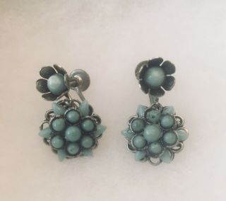 Vintage Turquoise And Silver Pendant Earrings,  Made In Mexico Circa 1960 - 70