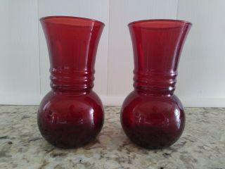 Set Of 2 Antique Ruby Red Depression Glass Vase 6 1/2” Flower Vintage