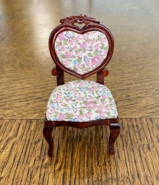 Vintage Dollhouse Miniature Lovely Heart Upholstered Carved Chair