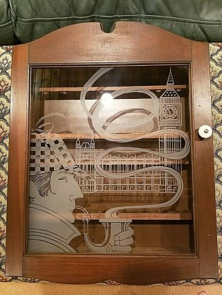 Vtg.  Sherlock Holmes Wood Etched Glass Pipe Holder Display Case Cabinet Wall Hang