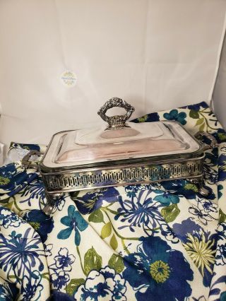 013 Vintage Silver Plated Footed Rectangular Casserole Dish W/ Lid & Pyrex Dish