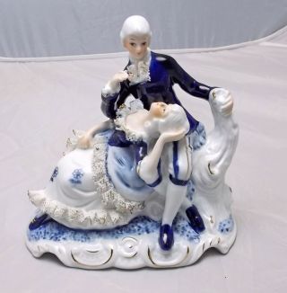 Vintage Dresden Lace Style Porcelain Courting Couple,  Blue & White Hand Painted