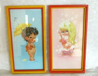 2 Adorable Vtg.  W.  M.  Otto Framed Pictures Of A Bathing Boy And Girl.  7536