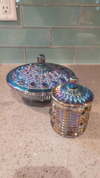 Vintage Indiana Windsor Blue Iridescent Carnival Glass Candy Dish&sugar Bowl Lid