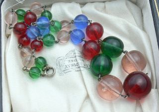 Vintage Art Deco Red Blue Green Harlequin Pools Of Light Glass Bead Necklace