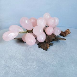 Vintage Pink Rose Quartz Grapes With Carved Stone Leaves Mcm Grape Cluster
