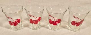 Set Of 4 Vintage 2 Ounce Juice Glasses With Red Cherry Graphics