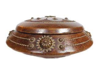 Vintage Hand Made Wooden Round Snuff Box With Lid And Brass Ornaments