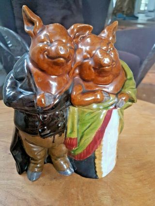 Antique 2 Pigs Figural Majolica Tobacco Jar/ Humidor