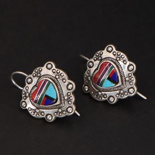 Vtg Sterling Silver Southwestern Turquoise Coral Mosaic Heart Dangle Earrings 7g