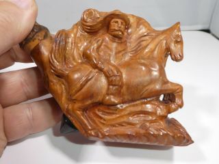 Vintage Hand Carved Wood Tobacco Pipe Of A Conquistador With Bamboo Stem
