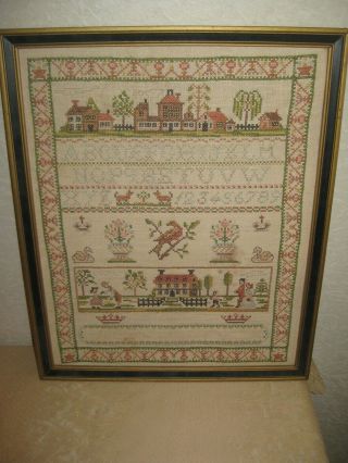 Vintage Framed Cross Stitch Sampler 18 X 22 Houses,  People,  Swans Stained